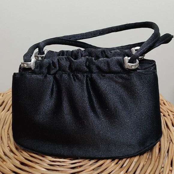 Vintage Andes Black 2 Handled Evening Bag Silver & Rhinestone Hardware - Picture 1 of 11
